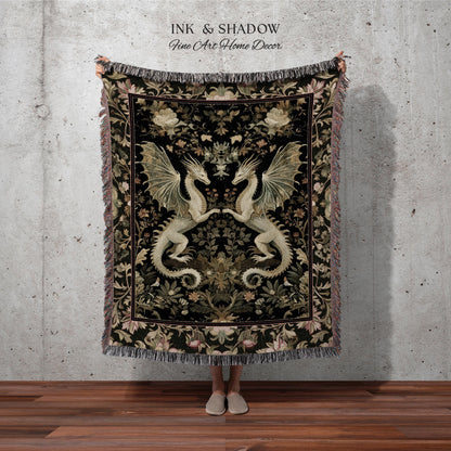 Ornate Antique Gold Folklore Aesthetic Baroque Dragon Tapestry Throw | Enchanting Art Deco Gothic Blanket Maximalist Fantasy Mystic Decor