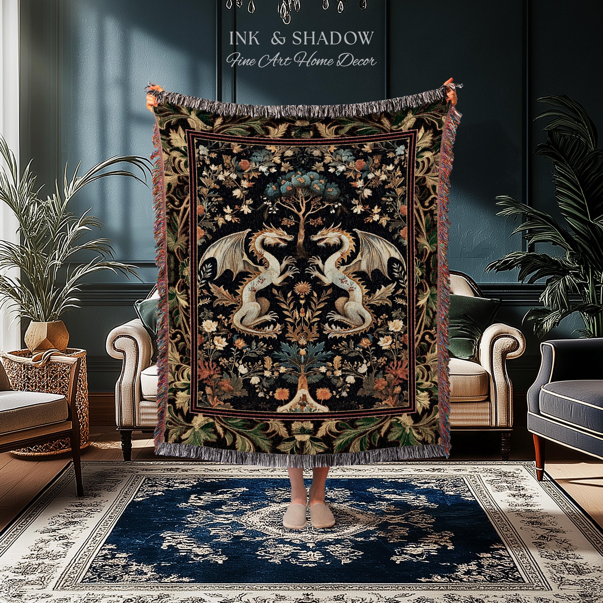 Rococo Dragon Blanket Ornate Baroque Art Nouveau Inspired Tapestry Throw Folklore Decor | Antique Aesthetic Maximalist Fantasy Home Decor
