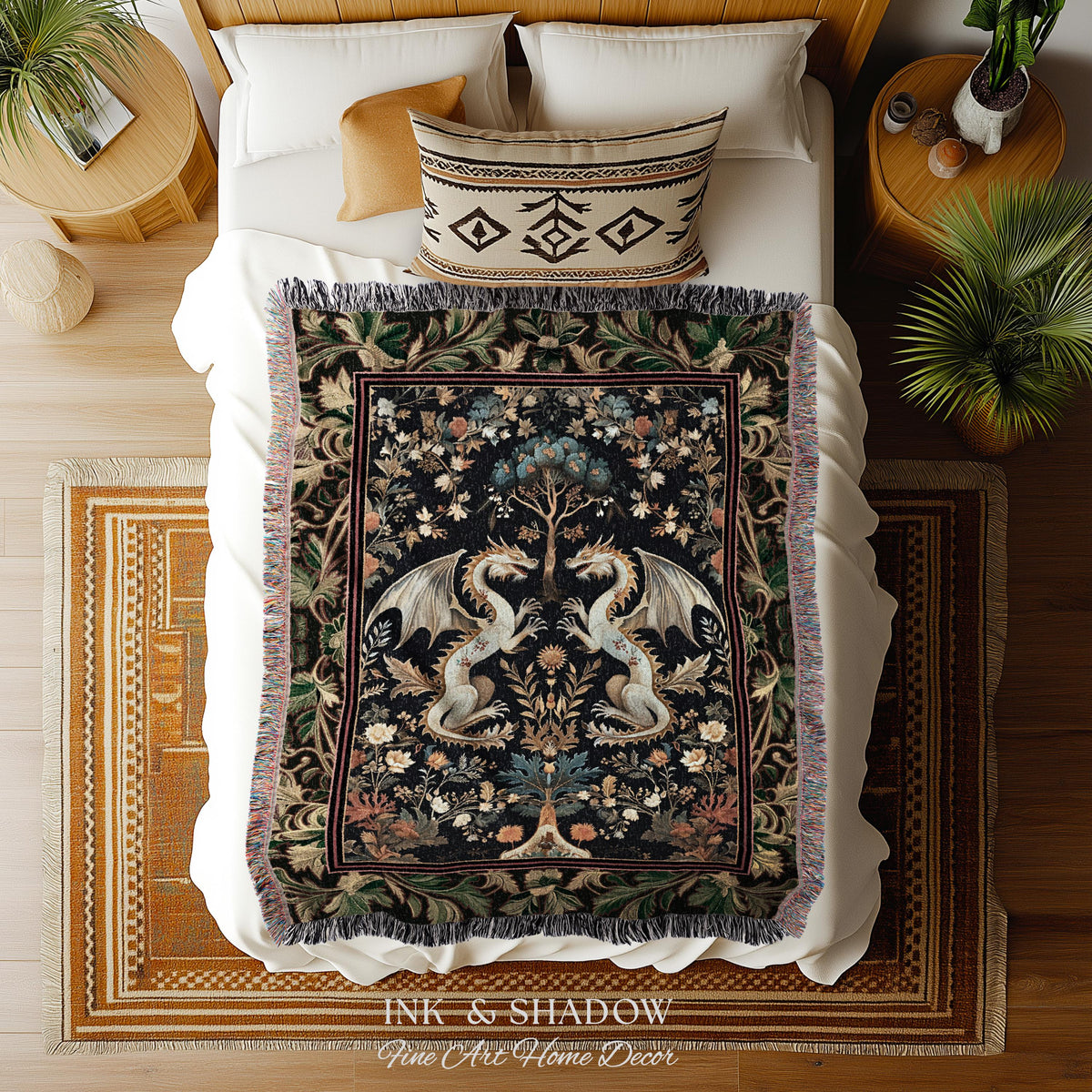 Rococo Dragon Blanket Ornate Baroque Art Nouveau Inspired Tapestry Throw Folklore Decor | Antique Aesthetic Maximalist Fantasy Home Decor