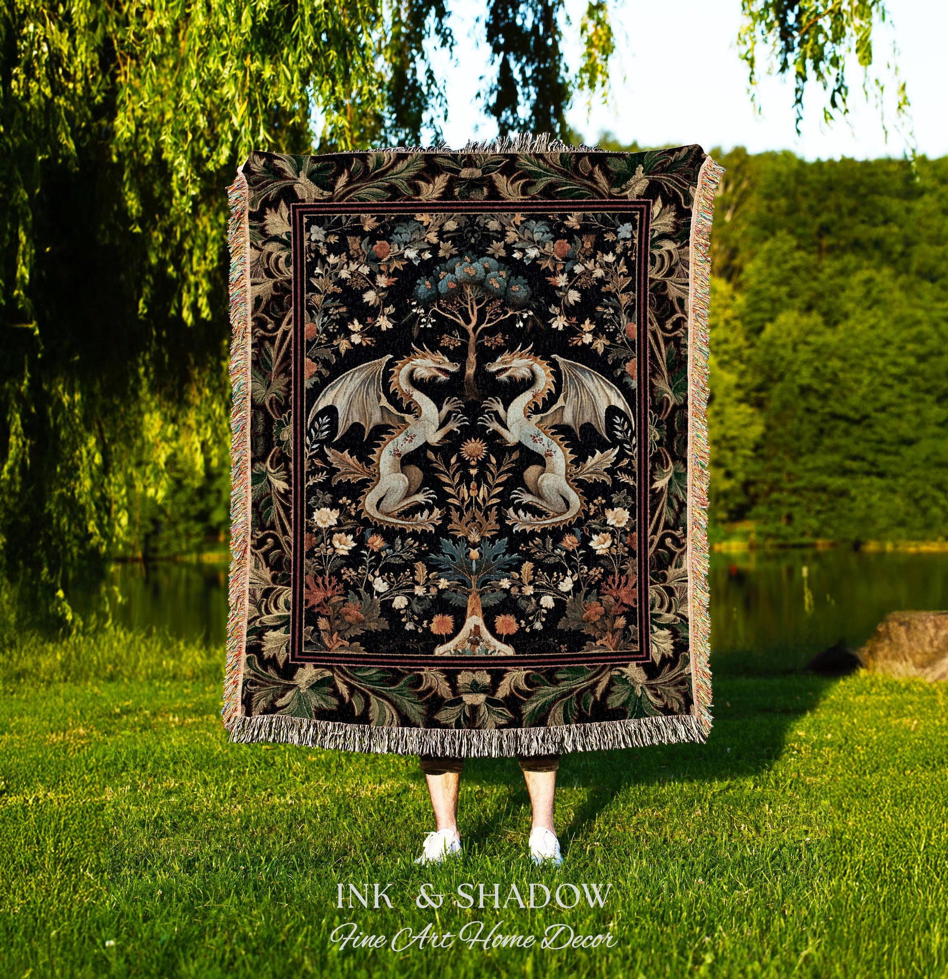 Rococo Dragon Blanket Ornate Baroque Art Nouveau Inspired Tapestry Throw Folklore Decor | Antique Aesthetic Maximalist Fantasy Home Decor