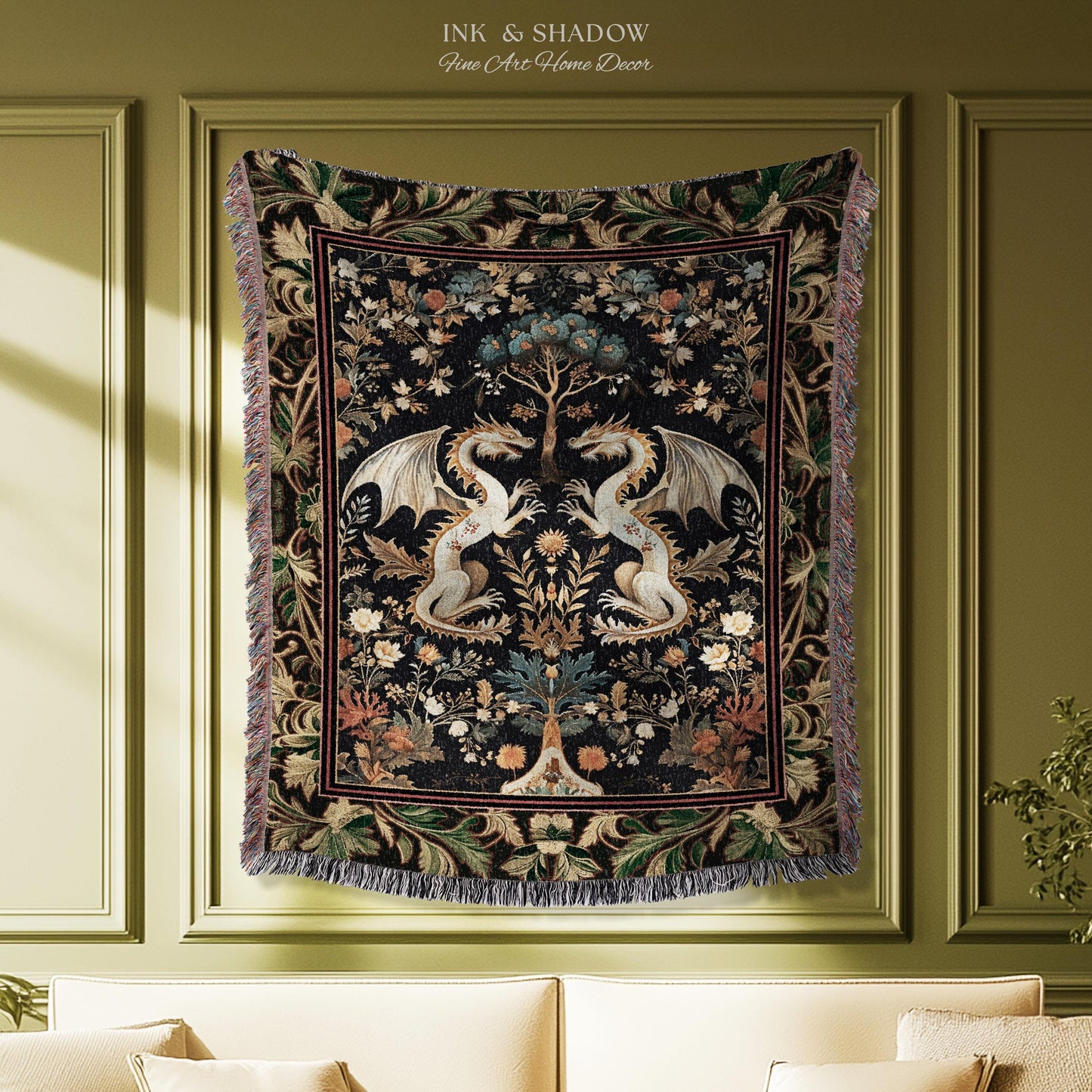 Rococo Dragon Blanket Ornate Baroque Art Nouveau Inspired Tapestry Throw Folklore Decor | Antique Aesthetic Maximalist Fantasy Home Decor