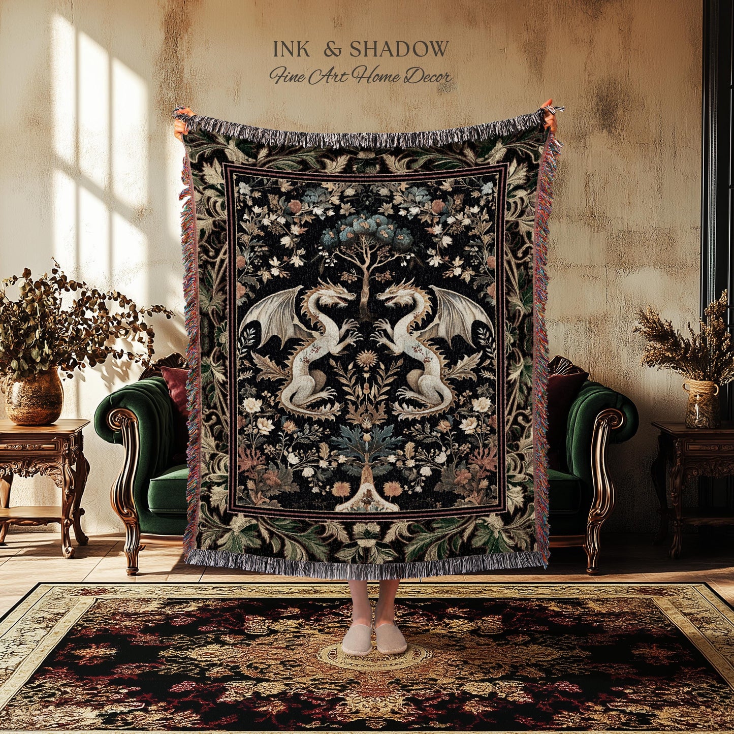 Rococo Dragon Blanket Ornate Baroque Art Nouveau Inspired Tapestry Throw Folklore Decor | Antique Aesthetic Maximalist Fantasy Home Decor