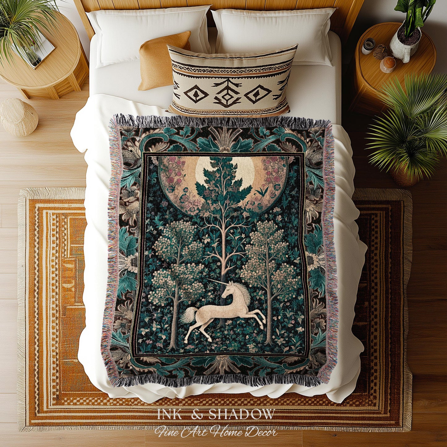 Moonlit Forest Mystical Unicorn Tapestry Blanket Medieval Fairycore Decor | Renaissance Whimsical Gothic Aesthetic Woven Throw Forestcore