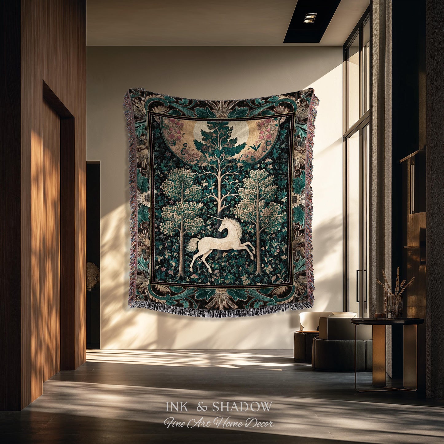 Moonlit Forest Mystical Unicorn Tapestry Blanket Medieval Fairycore Decor | Renaissance Whimsical Gothic Aesthetic Woven Throw Forestcore