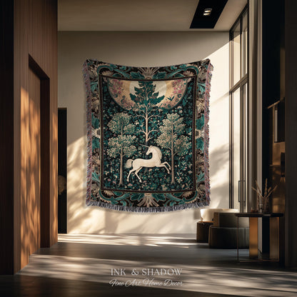 Moonlit Forest Mystical Unicorn Tapestry Blanket Medieval Fairycore Decor | Renaissance Whimsical Gothic Aesthetic Woven Throw Forestcore