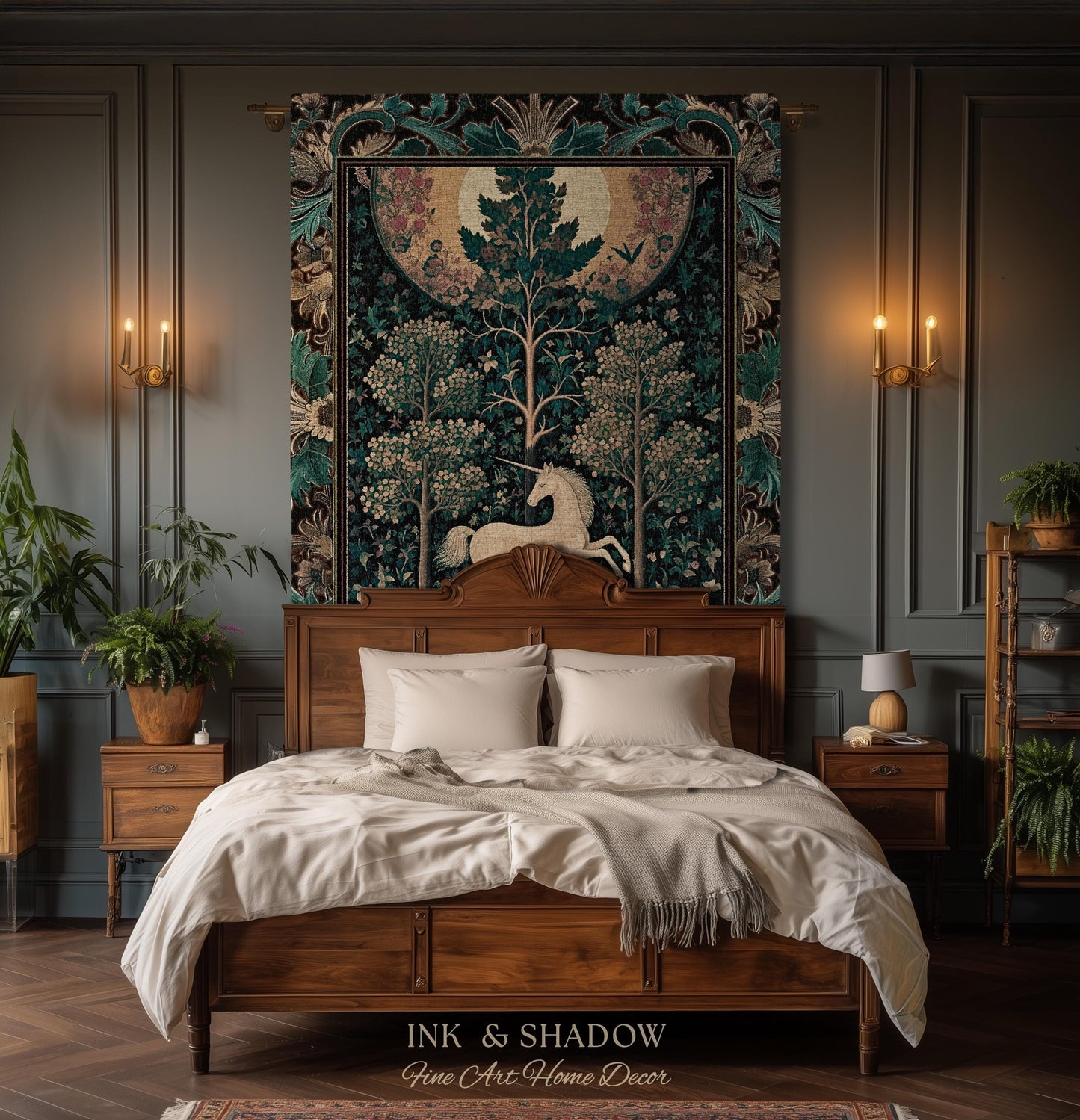 Moonlit Forest Mystical Unicorn Tapestry Blanket Medieval Fairycore Decor | Renaissance Whimsical Gothic Aesthetic Woven Throw Forestcore