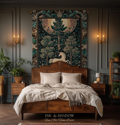Moonlit Forest Mystical Unicorn Tapestry Blanket Medieval Fairycore Decor | Renaissance Whimsical Gothic Aesthetic Woven Throw Forestcore