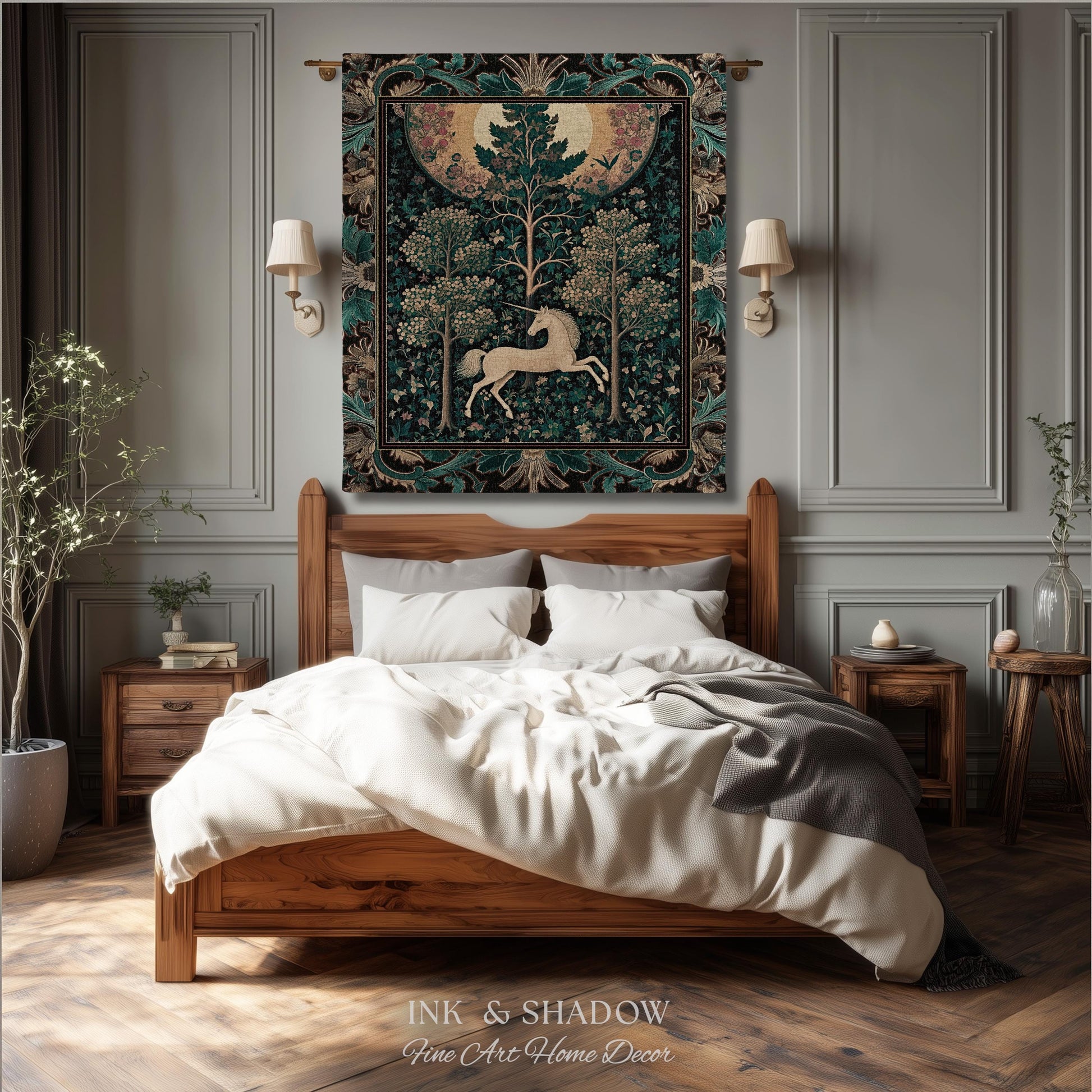 Moonlit Forest Mystical Unicorn Tapestry Blanket Medieval Fairycore Decor | Renaissance Whimsical Gothic Aesthetic Woven Throw Forestcore