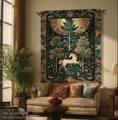 Moonlit Forest Mystical Unicorn Tapestry Blanket Medieval Fairycore Decor | Renaissance Whimsical Gothic Aesthetic Woven Throw Forestcore