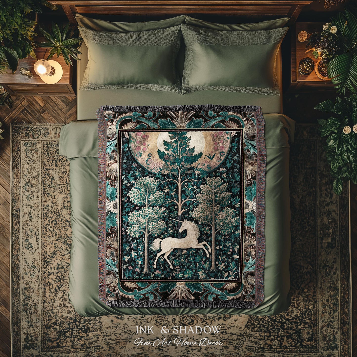 Moonlit Forest Mystical Unicorn Tapestry Blanket Medieval Fairycore Decor | Renaissance Whimsical Gothic Aesthetic Woven Throw Forestcore