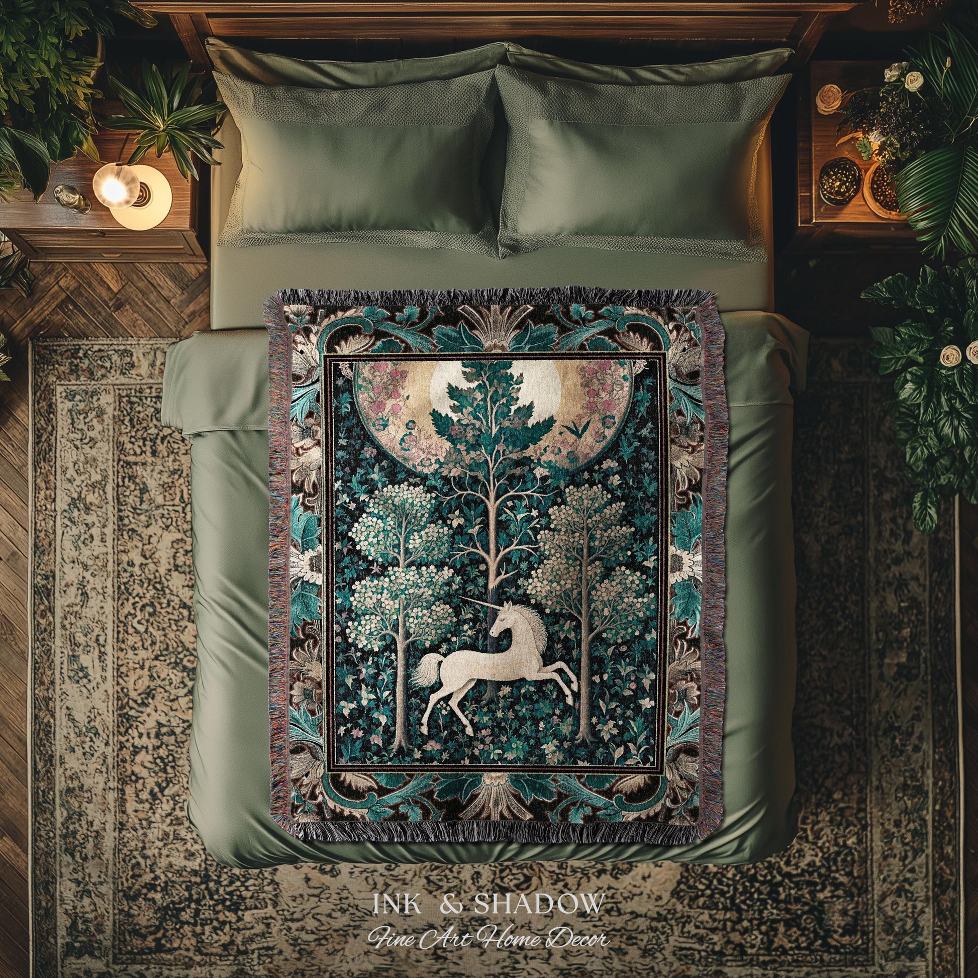Moonlit Forest Mystical Unicorn Tapestry Blanket Medieval Fairycore Decor | Renaissance Whimsical Gothic Aesthetic Woven Throw Forestcore