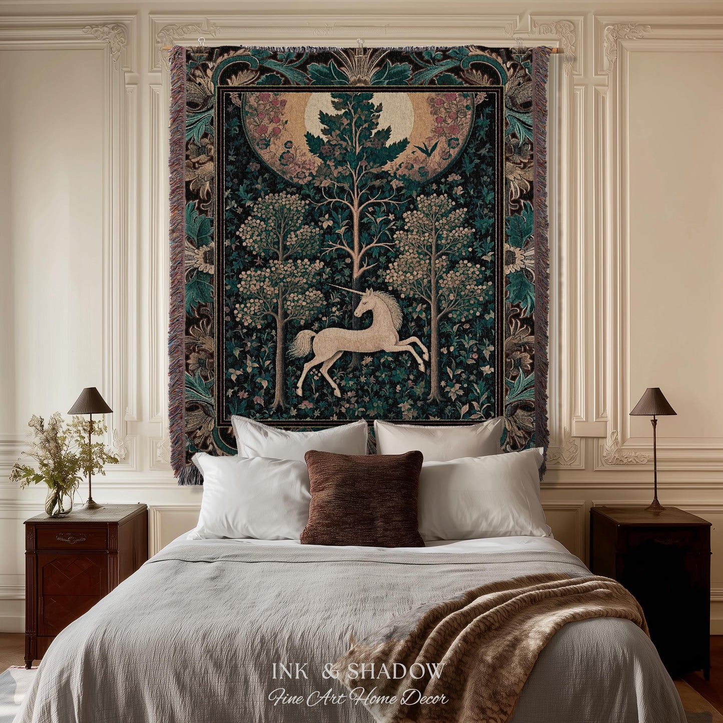 Moonlit Forest Mystical Unicorn Tapestry Blanket Medieval Fairycore Decor | Renaissance Whimsical Gothic Aesthetic Woven Throw Forestcore