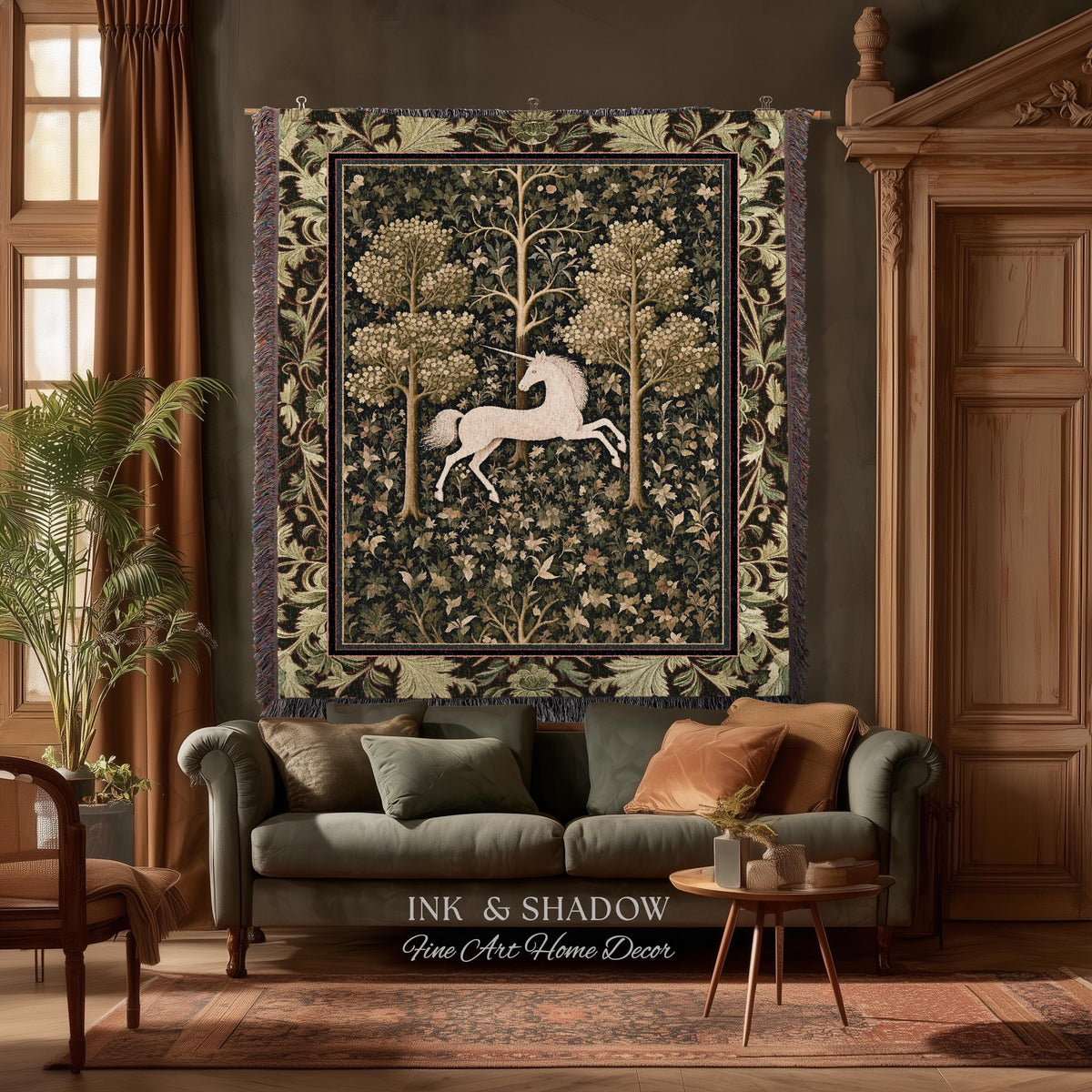 Magic Aesthetic Woven Tapestry Unicorn Blanket Cottagecore Style | Dark Academia Folklore Decor Gothic Maximalist Gift for Fantasy Lover