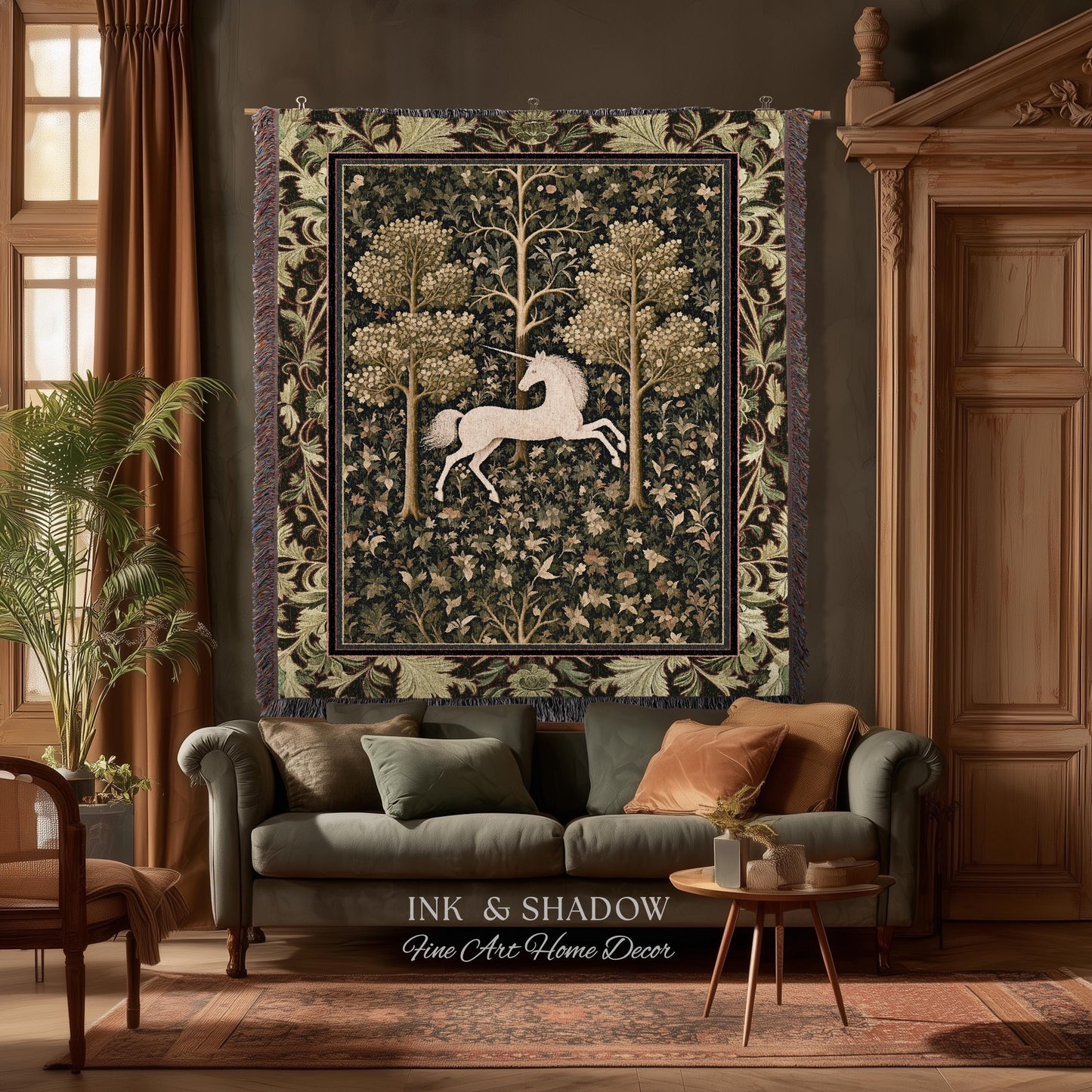 Magic Aesthetic Woven Tapestry Unicorn Blanket Cottagecore Style | Dark Academia Folklore Decor Gothic Maximalist Gift for Fantasy Lover