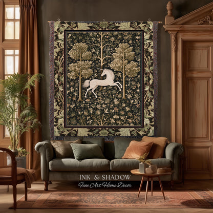 Magic Aesthetic Woven Tapestry Unicorn Blanket Cottagecore Style | Dark Academia Folklore Decor Gothic Maximalist Gift for Fantasy Lover