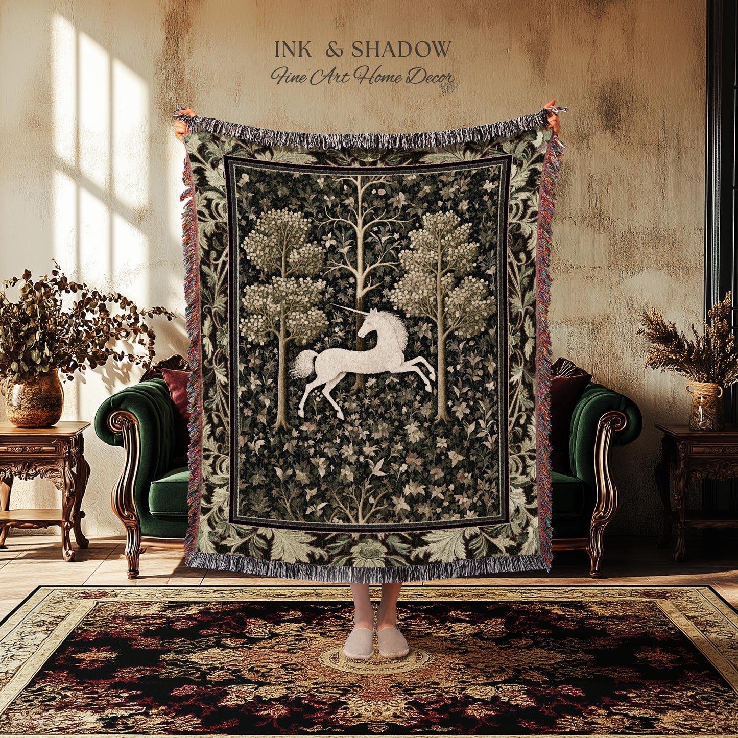 Magic Aesthetic Woven Tapestry Unicorn Blanket Cottagecore Style | Dark Academia Folklore Decor Gothic Maximalist Gift for Fantasy Lover
