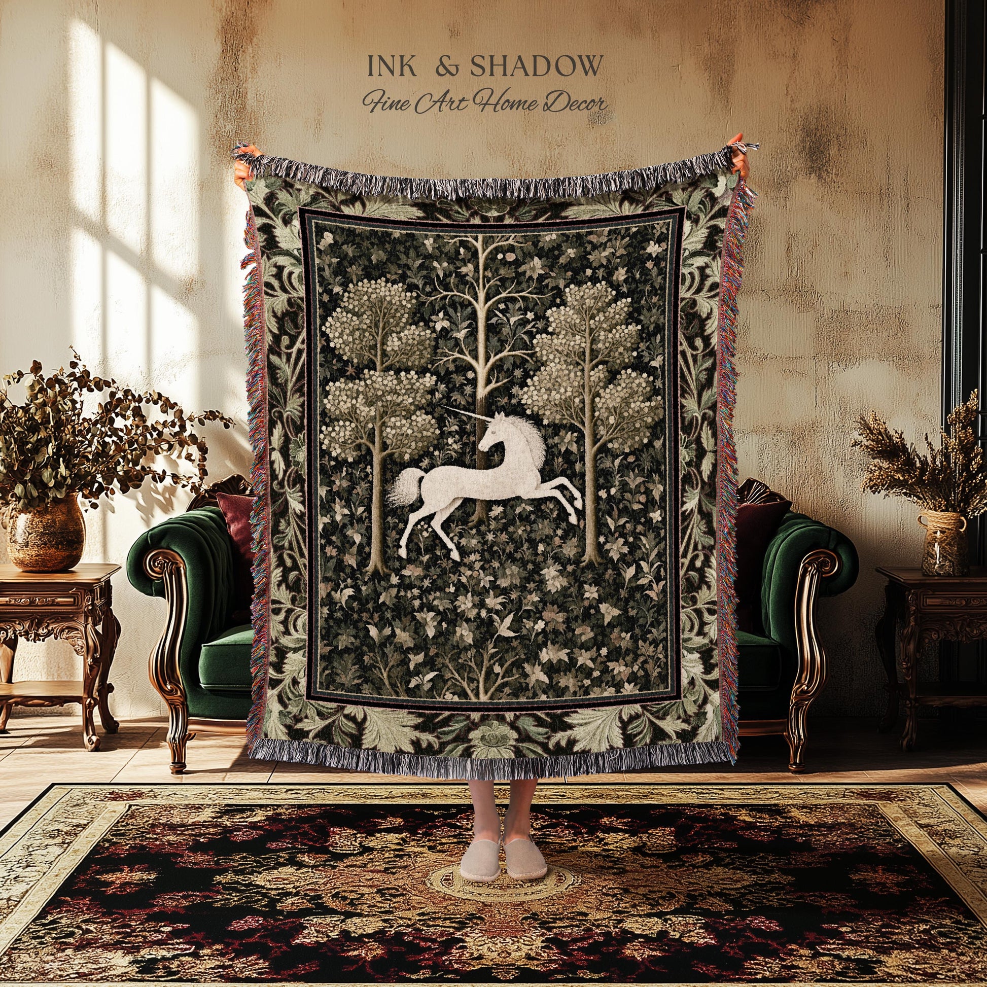 Magic Aesthetic Woven Tapestry Unicorn Blanket Cottagecore Style | Dark Academia Folklore Decor Gothic Maximalist Gift for Fantasy Lover