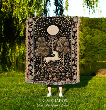 Princesscore Unicorn Tapestry Woven Folklore Aesthetic Whimsical Decor | Mystic Magical Moon Celestial Cottagecore Fairycore Throw Blanket