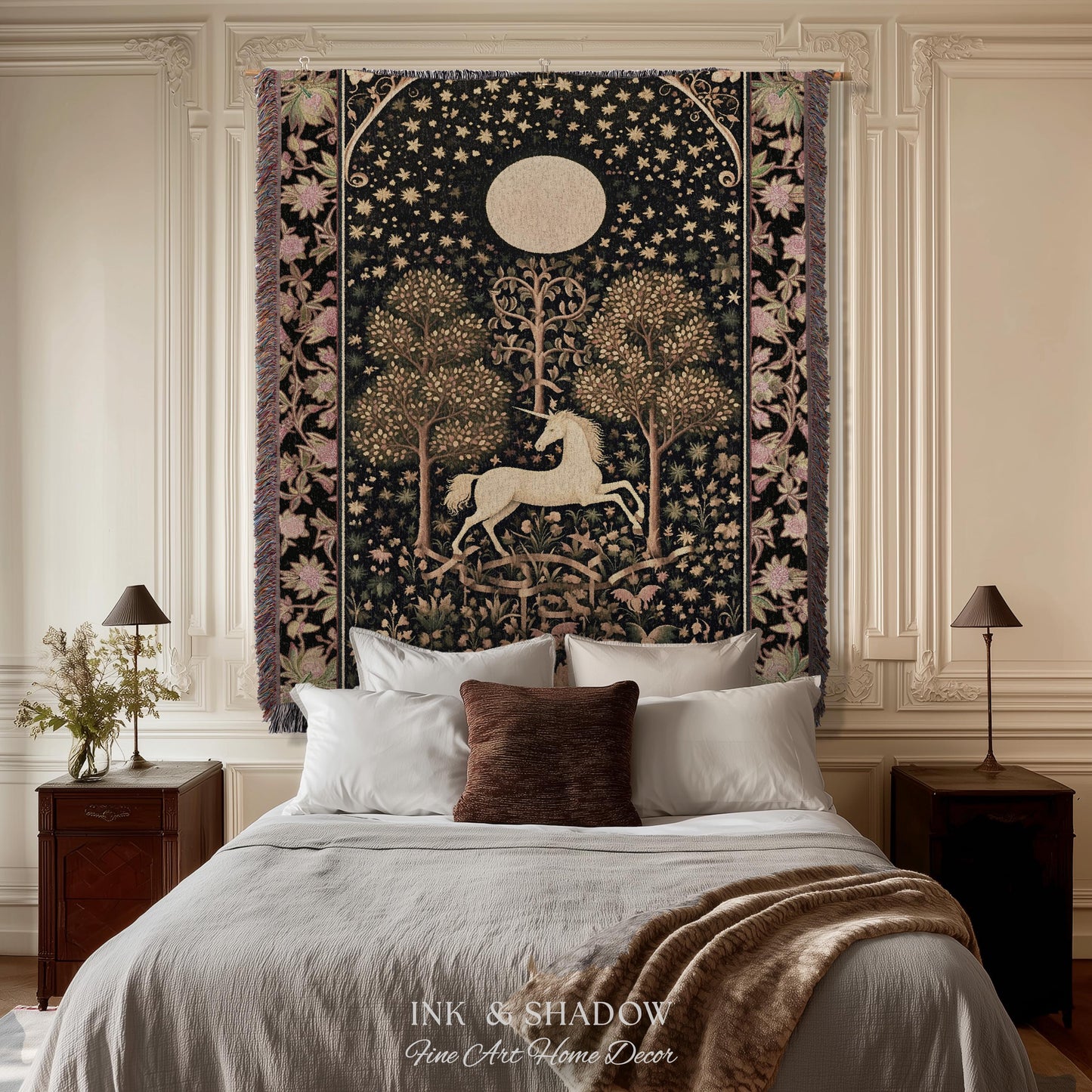Princesscore Unicorn Tapestry Woven Folklore Aesthetic Whimsical Decor | Mystic Magical Moon Celestial Cottagecore Fairycore Throw Blanket