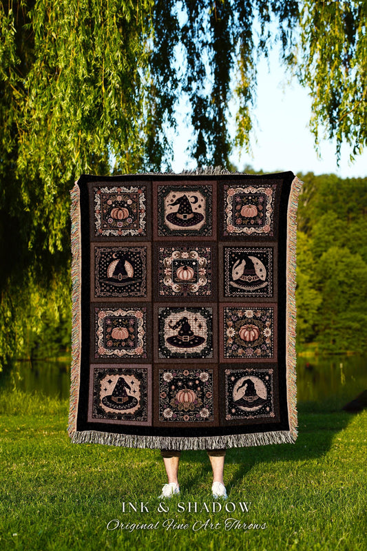 May include: A black throw blanket with a repeating pattern of squares featuring witch hats and pumpkins in shades of brown, cream, and black. The blanket has a fringed edge and the text "INK & SHADOW Original Fine Art Throws" at the bottom.