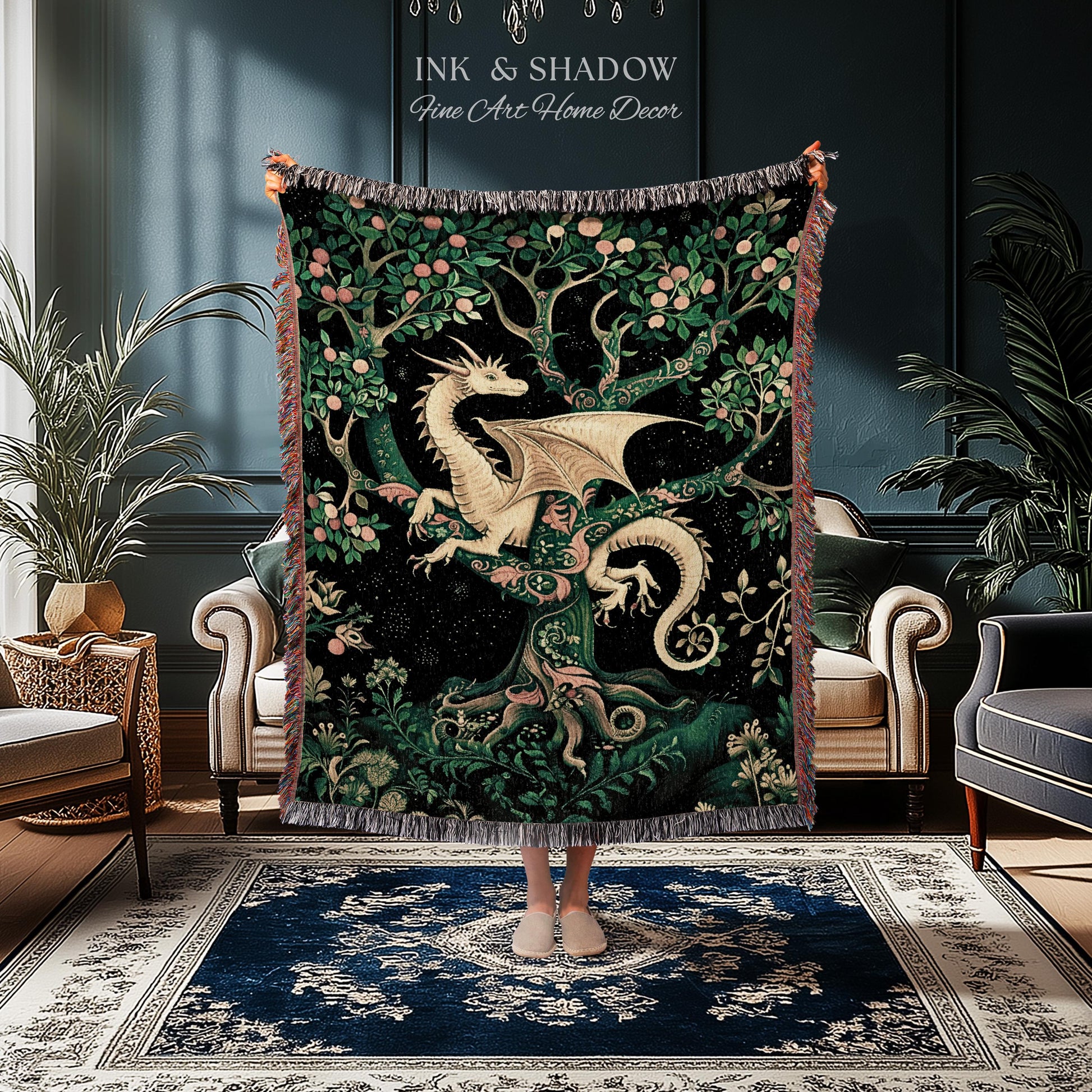 Enchanted Forest Dragon Tapestry Blanket Dark Woodland Gothic Decor | Mystical Cottagecore Aesthetic Vintage Medieval Charm Renaissance Art