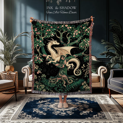 Enchanted Forest Dragon Tapestry Blanket Dark Woodland Gothic Decor | Mystical Cottagecore Aesthetic Vintage Medieval Charm Renaissance Art