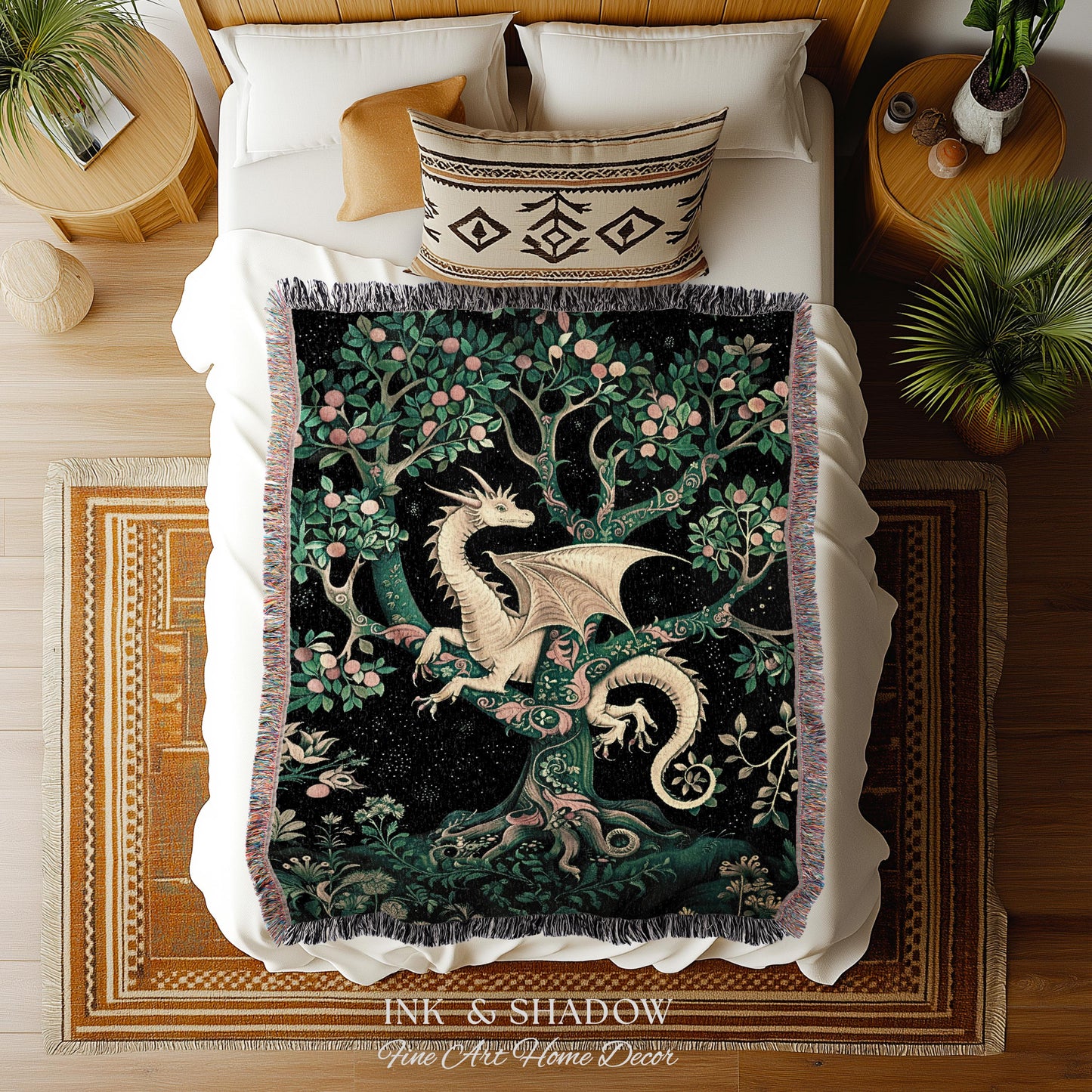 Enchanted Forest Dragon Tapestry Blanket Dark Woodland Gothic Decor | Mystical Cottagecore Aesthetic Vintage Medieval Charm Renaissance Art