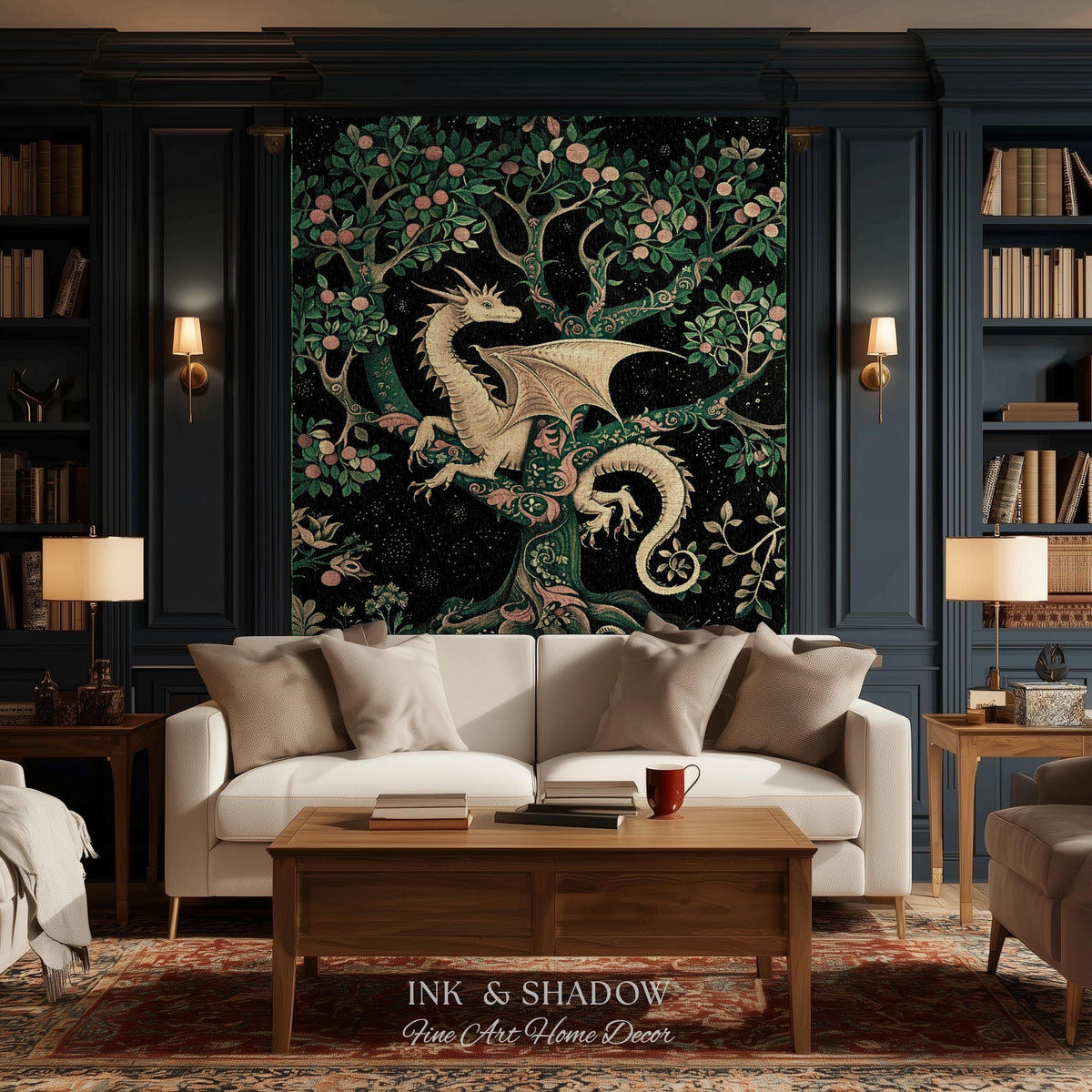 Enchanted Forest Dragon Tapestry Blanket Dark Woodland Gothic Decor | Mystical Cottagecore Aesthetic Vintage Medieval Charm Renaissance Art