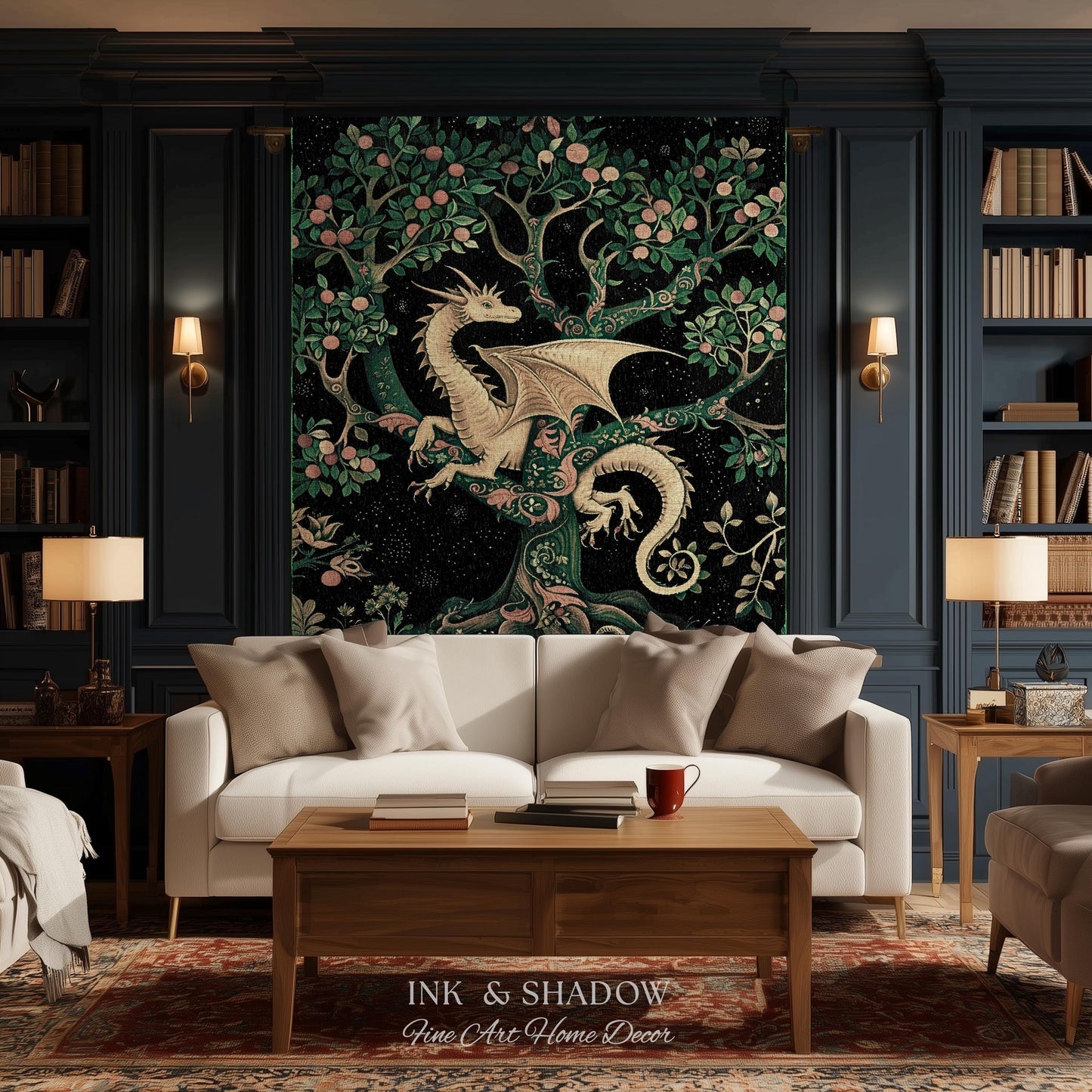 Enchanted Forest Dragon Tapestry Blanket Dark Woodland Gothic Decor | Mystical Cottagecore Aesthetic Vintage Medieval Charm Renaissance Art
