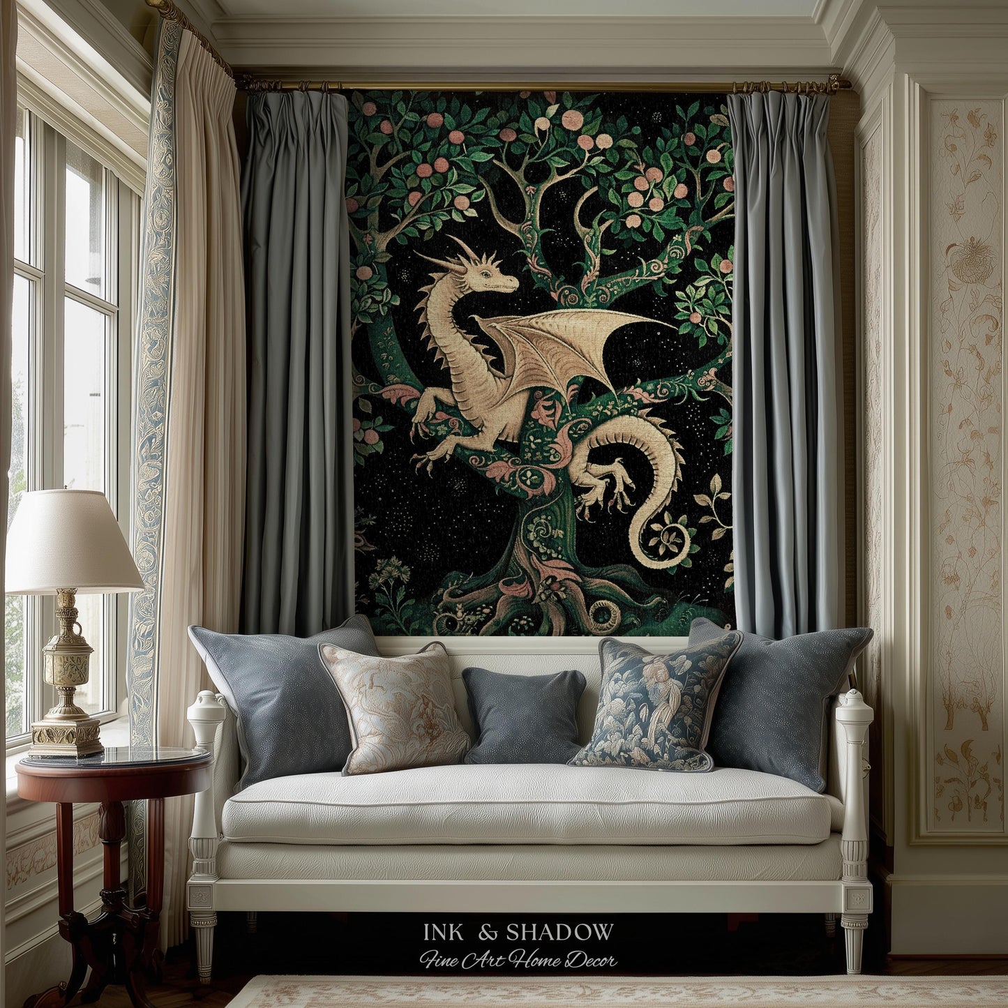 Enchanted Forest Dragon Tapestry Blanket Dark Woodland Gothic Decor | Mystical Cottagecore Aesthetic Vintage Medieval Charm Renaissance Art