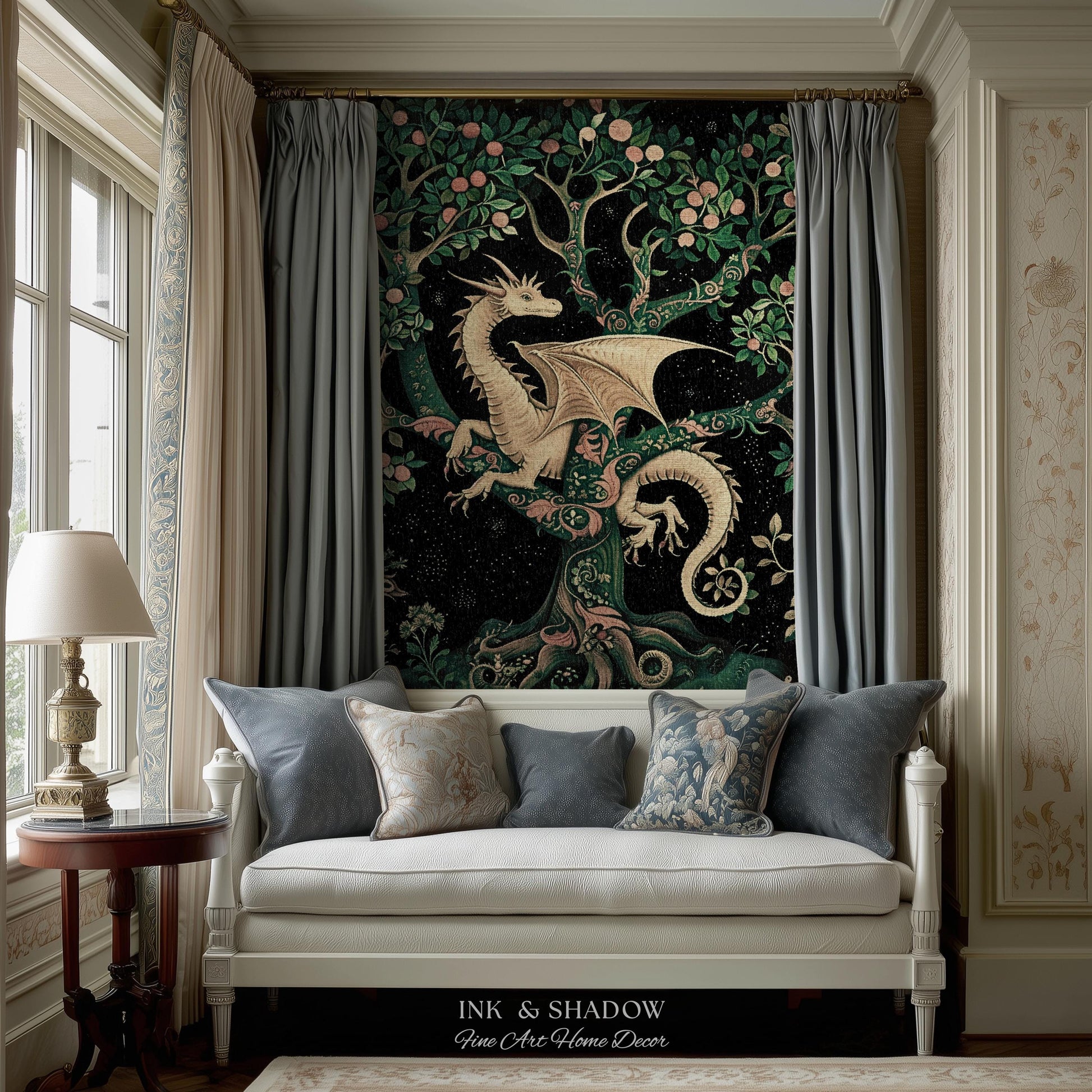 Enchanted Forest Dragon Tapestry Blanket Dark Woodland Gothic Decor | Mystical Cottagecore Aesthetic Vintage Medieval Charm Renaissance Art