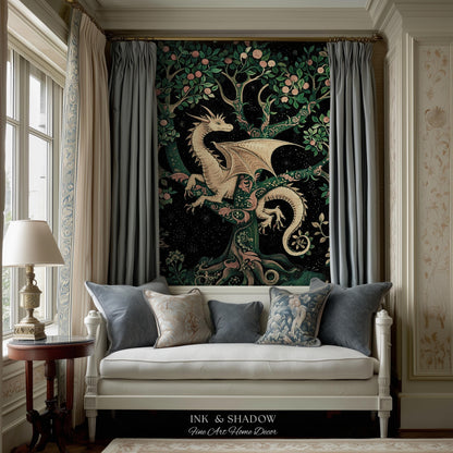 Enchanted Forest Dragon Tapestry Blanket Dark Woodland Gothic Decor | Mystical Cottagecore Aesthetic Vintage Medieval Charm Renaissance Art