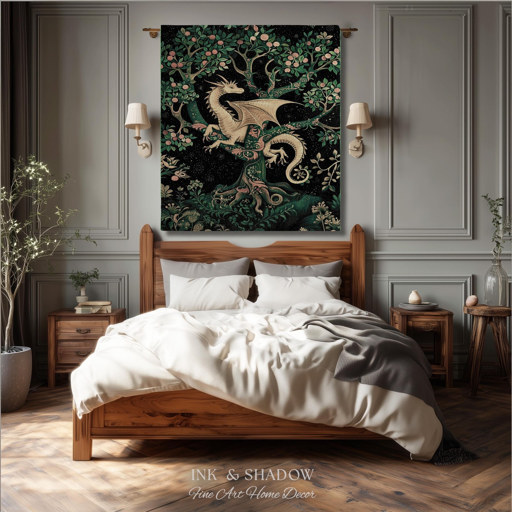 Enchanted Forest Dragon Tapestry Blanket Dark Woodland Gothic Decor | Mystical Cottagecore Aesthetic Vintage Medieval Charm Renaissance Art