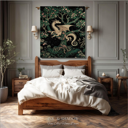 Enchanted Forest Dragon Tapestry Blanket Dark Woodland Gothic Decor | Mystical Cottagecore Aesthetic Vintage Medieval Charm Renaissance Art