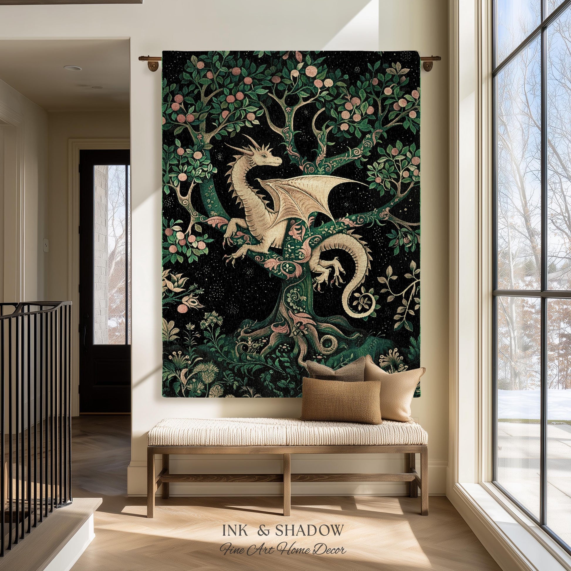 Enchanted Forest Dragon Tapestry Blanket Dark Woodland Gothic Decor | Mystical Cottagecore Aesthetic Vintage Medieval Charm Renaissance Art