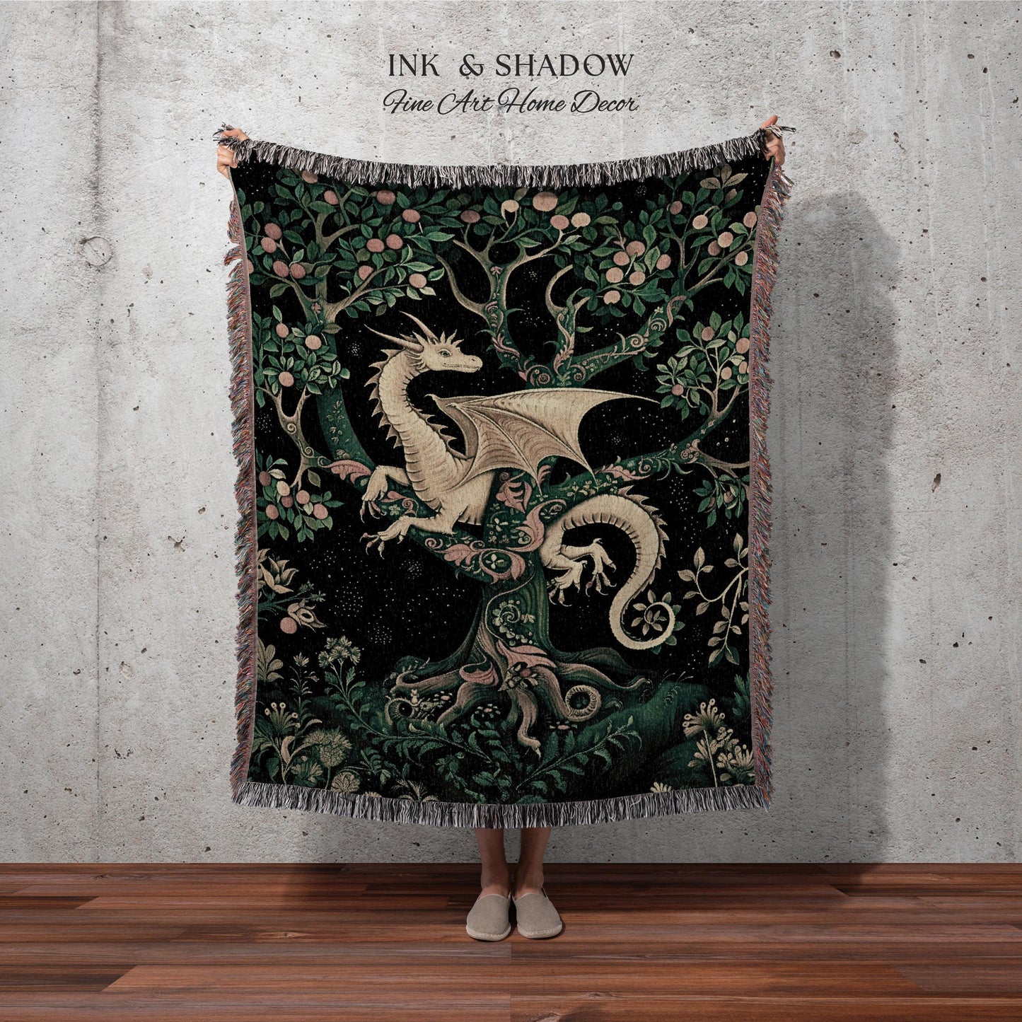 Enchanted Forest Dragon Tapestry Blanket Dark Woodland Gothic Decor | Mystical Cottagecore Aesthetic Vintage Medieval Charm Renaissance Art