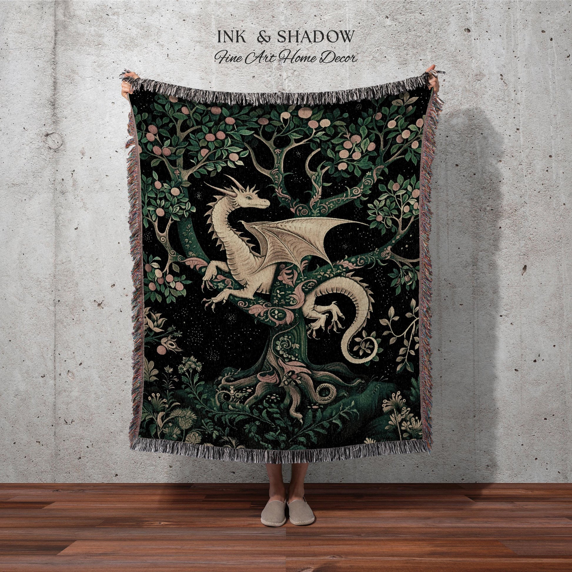 Enchanted Forest Dragon Tapestry Blanket Dark Woodland Gothic Decor | Mystical Cottagecore Aesthetic Vintage Medieval Charm Renaissance Art