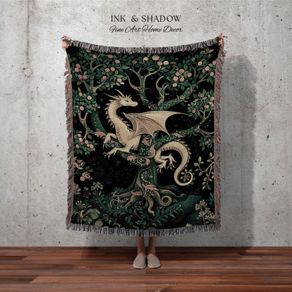 Enchanted Forest Dragon Tapestry Blanket Dark Woodland Gothic Decor | Mystical Cottagecore Aesthetic Vintage Medieval Charm Renaissance Art