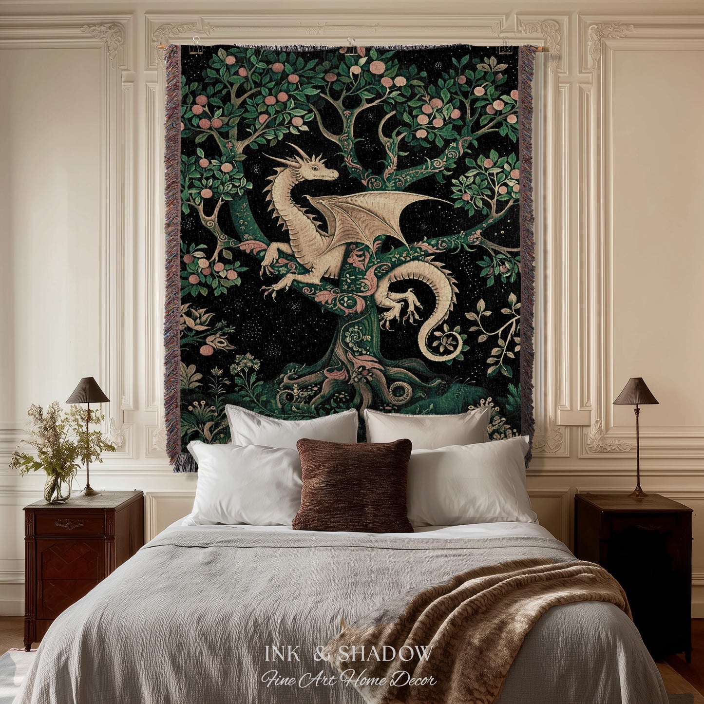 Enchanted Forest Dragon Tapestry Blanket Dark Woodland Gothic Decor | Mystical Cottagecore Aesthetic Vintage Medieval Charm Renaissance Art