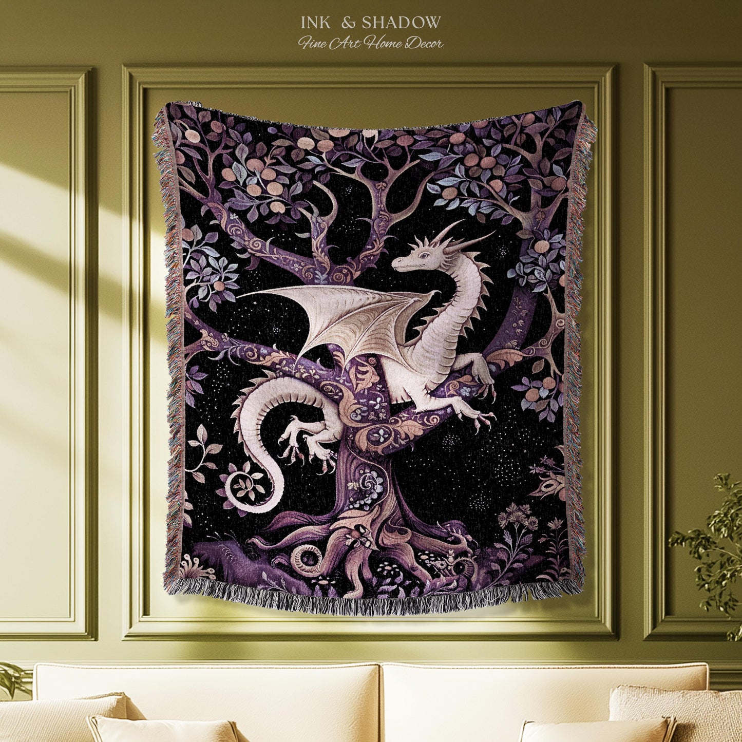 Bohemian Mystic Dragon Tapestry Blanket Whimsical Celestial Night Dark Nature Art | Boho Fantasy Decor Eclectic Purple Mystic Forest Throw