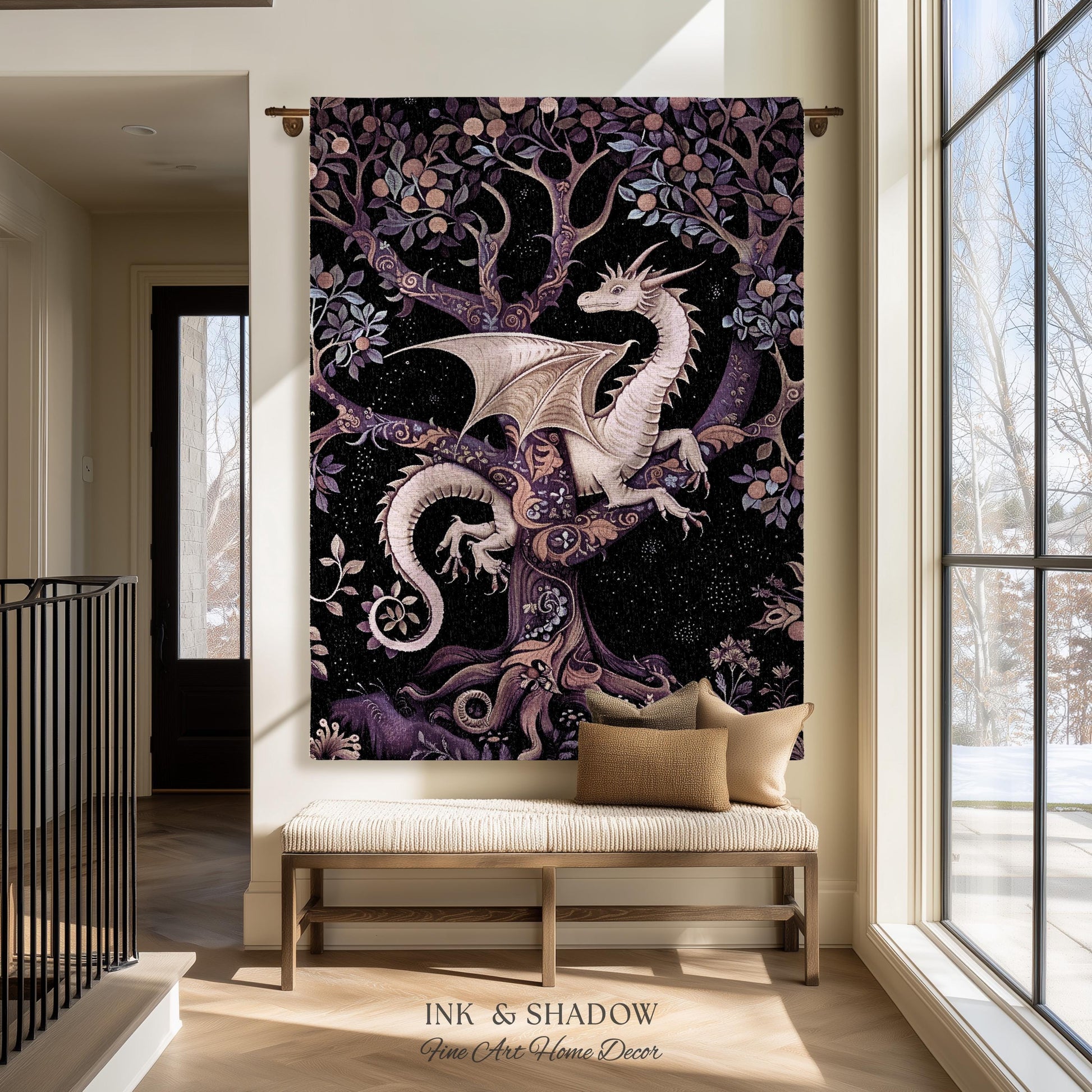 Bohemian Mystic Dragon Tapestry Blanket Whimsical Celestial Night Dark Nature Art | Boho Fantasy Decor Eclectic Purple Mystic Forest Throw