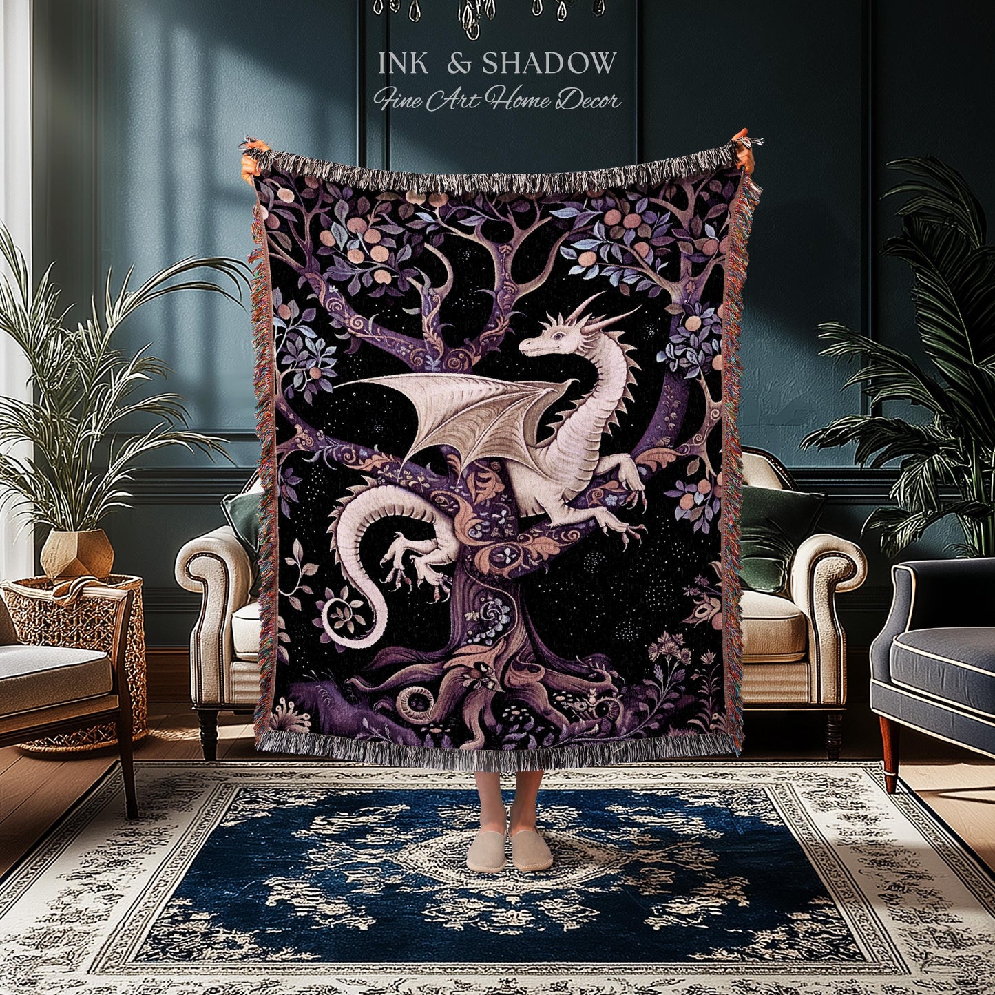 Bohemian Mystic Dragon Tapestry Blanket Whimsical Celestial Night Dark Nature Art | Boho Fantasy Decor Eclectic Purple Mystic Forest Throw