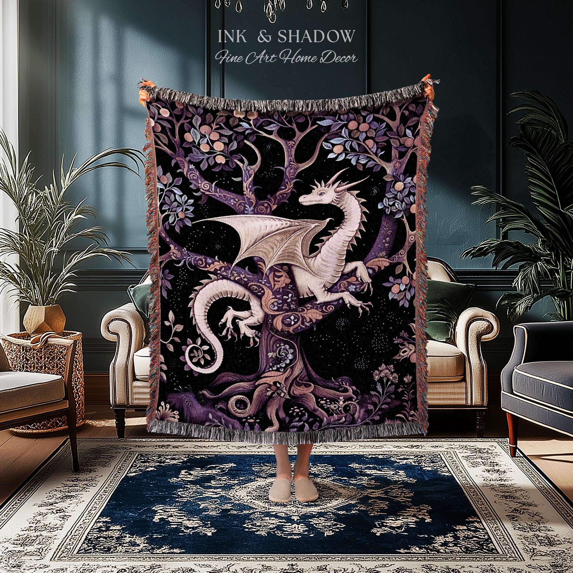 Bohemian Mystic Dragon Tapestry Blanket Whimsical Celestial Night Dark Nature Art | Boho Fantasy Decor Eclectic Purple Mystic Forest Throw