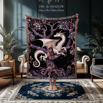 Bohemian Mystic Dragon Tapestry Blanket Whimsical Celestial Night Dark Nature Art | Boho Fantasy Decor Eclectic Purple Mystic Forest Throw