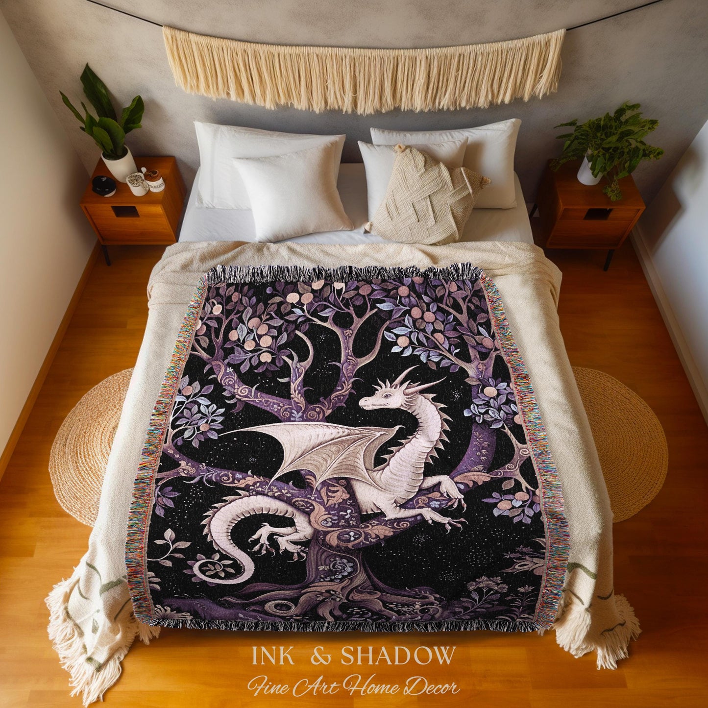 Bohemian Mystic Dragon Tapestry Blanket Whimsical Celestial Night Dark Nature Art | Boho Fantasy Decor Eclectic Purple Mystic Forest Throw