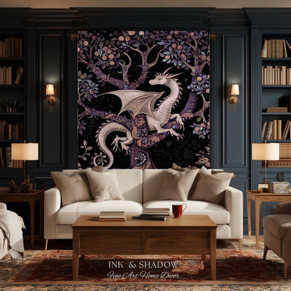 Bohemian Mystic Dragon Tapestry Blanket Whimsical Celestial Night Dark Nature Art | Boho Fantasy Decor Eclectic Purple Mystic Forest Throw