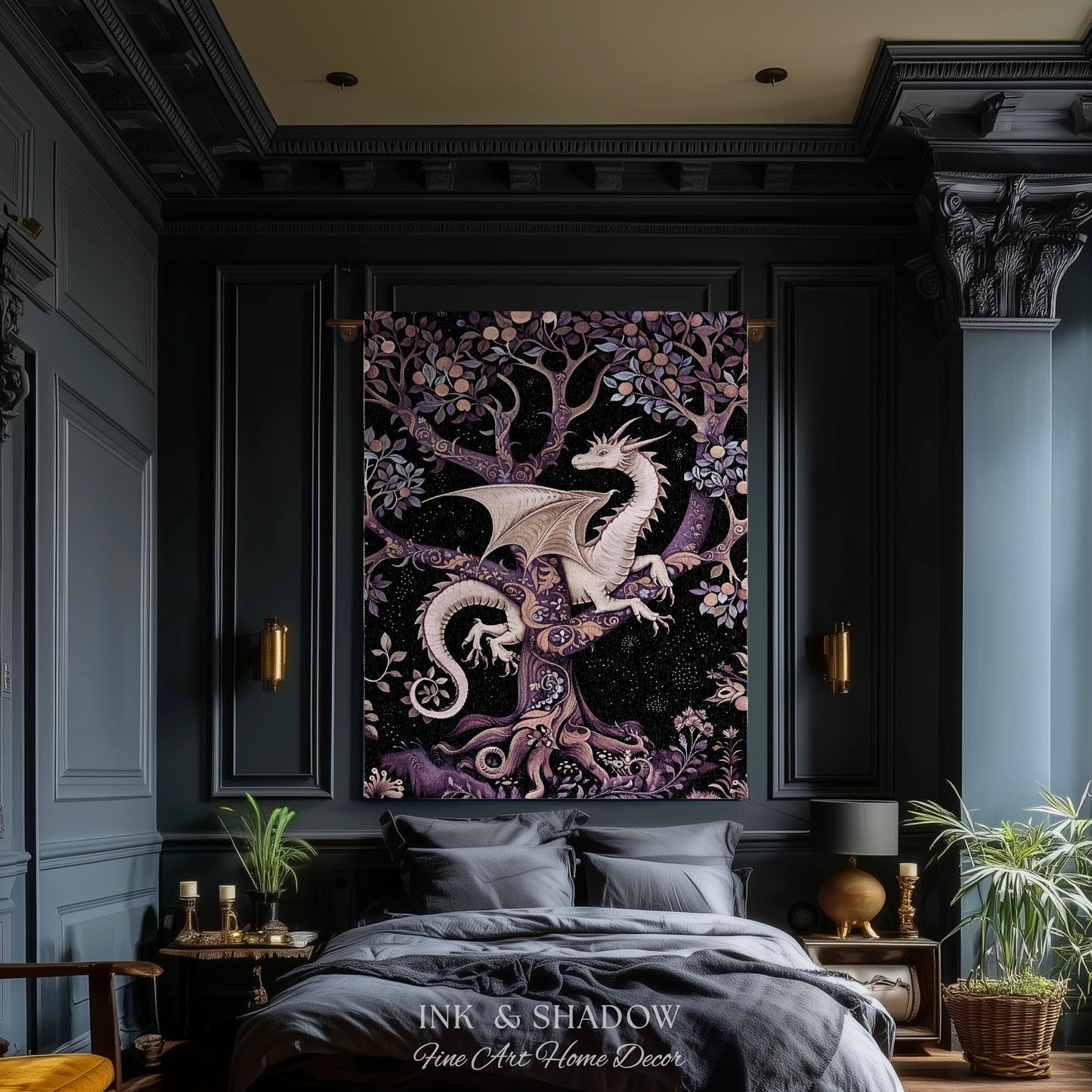 Bohemian Mystic Dragon Tapestry Blanket Whimsical Celestial Night Dark Nature Art | Boho Fantasy Decor Eclectic Purple Mystic Forest Throw