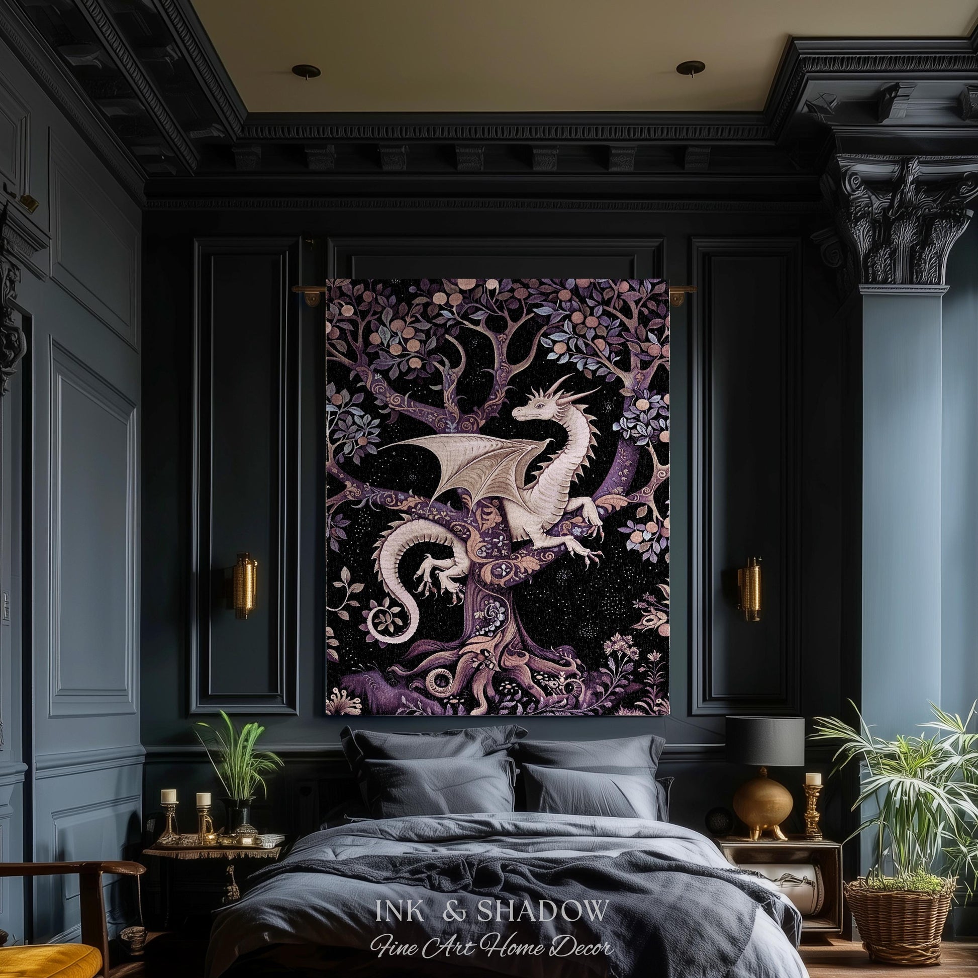 Bohemian Mystic Dragon Tapestry Blanket Whimsical Celestial Night Dark Nature Art | Boho Fantasy Decor Eclectic Purple Mystic Forest Throw