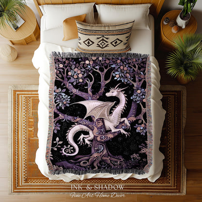 Bohemian Mystic Dragon Tapestry Blanket Whimsical Celestial Night Dark Nature Art | Boho Fantasy Decor Eclectic Purple Mystic Forest Throw
