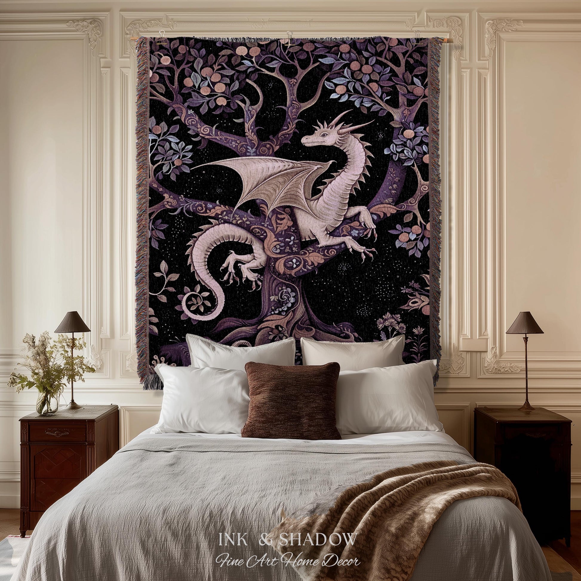 Bohemian Mystic Dragon Tapestry Blanket Whimsical Celestial Night Dark Nature Art | Boho Fantasy Decor Eclectic Purple Mystic Forest Throw